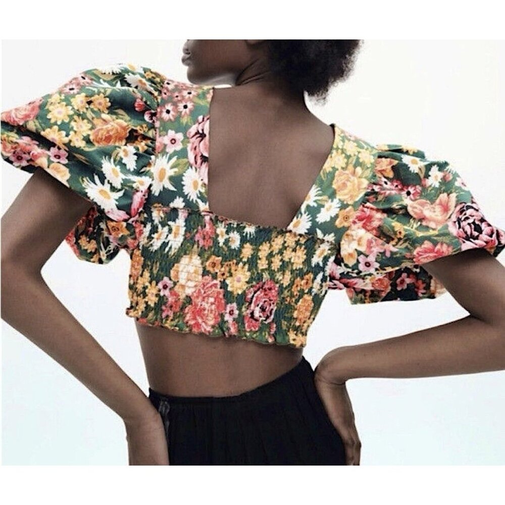 Zara Floral Print Puff Sleeve Crop Top Medium - Picture 6 of 7